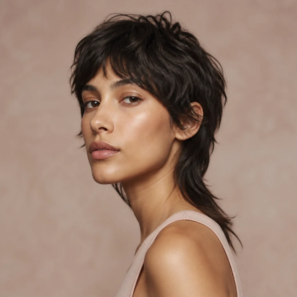 Three-quarter edgy view of a long shag mullet hybrid with shorter shaggy lifted crown layers and deliberately longer length at the nape