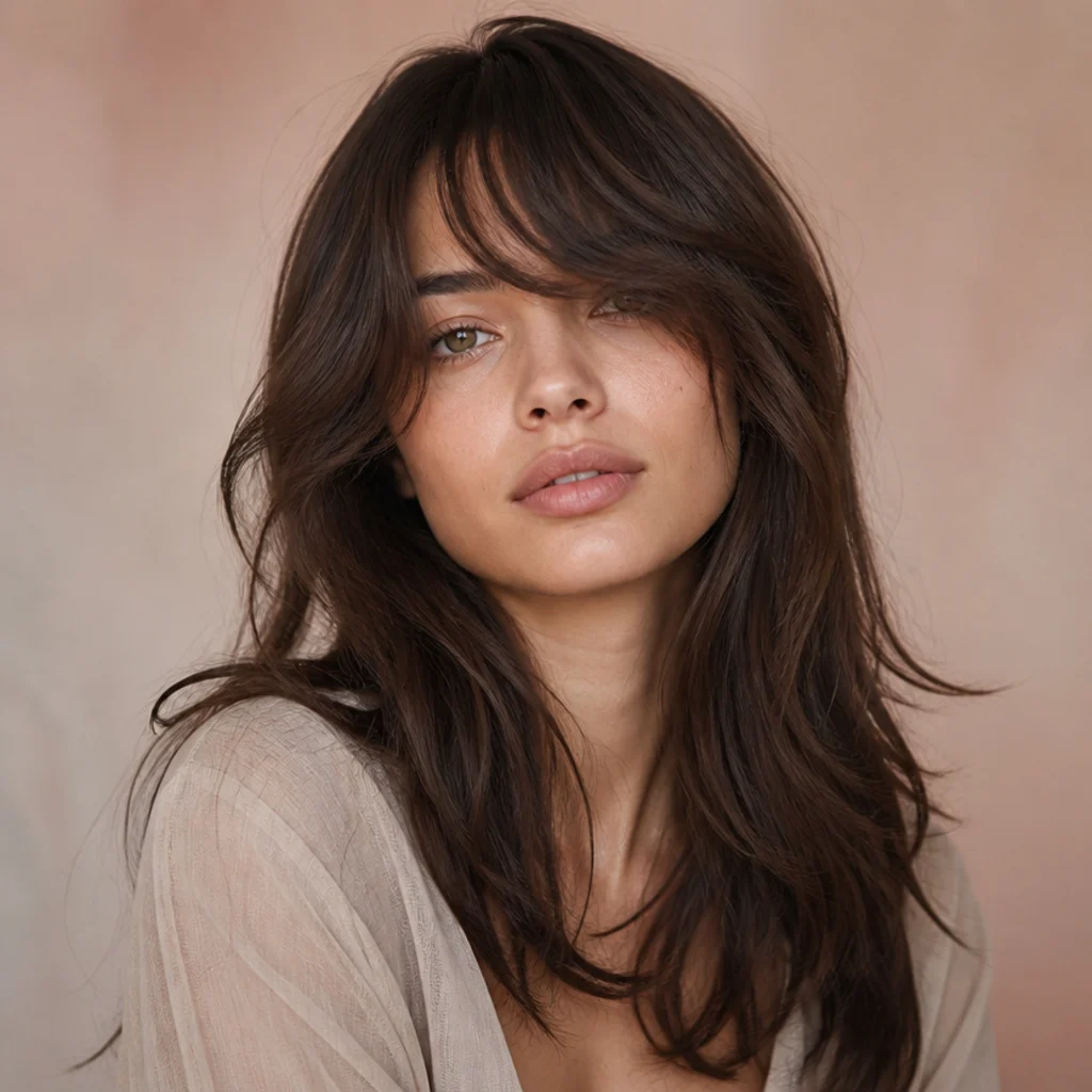 Front view of a long shag with soft side-swept bangs sweeping diagonally across the forehead and melting into long face-framing layers