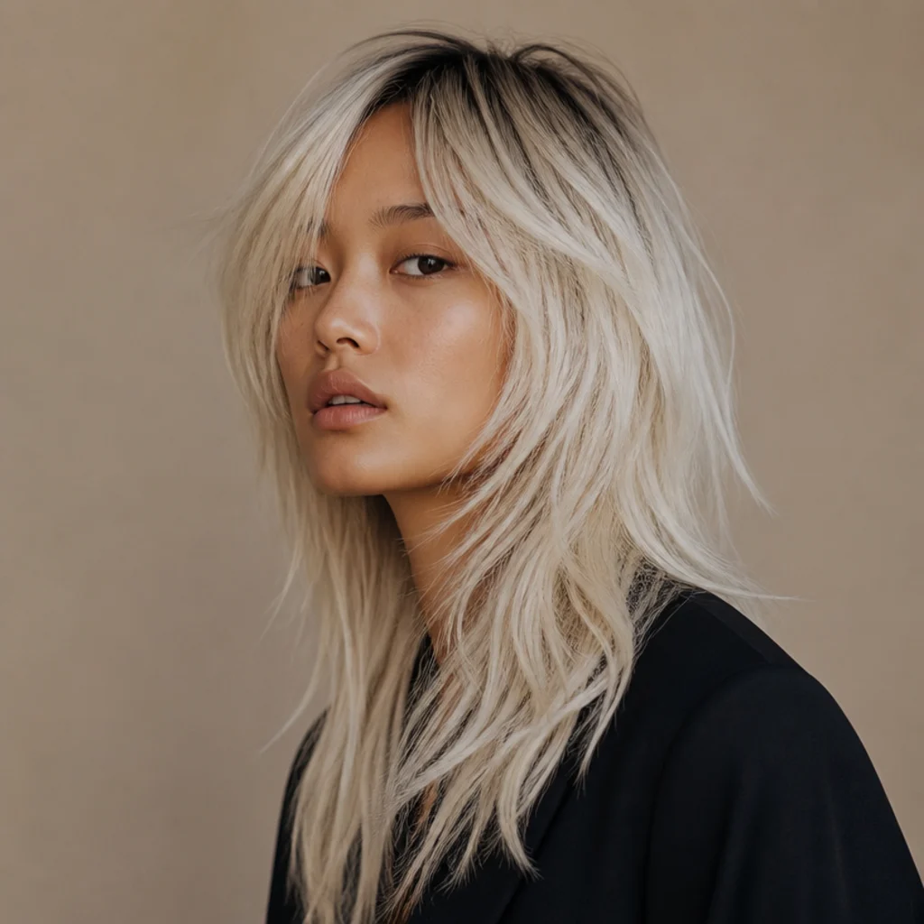 Three-quarter high-contrast view of a platinum long shag with intentional dark shadow roots and icy choppy layered ends