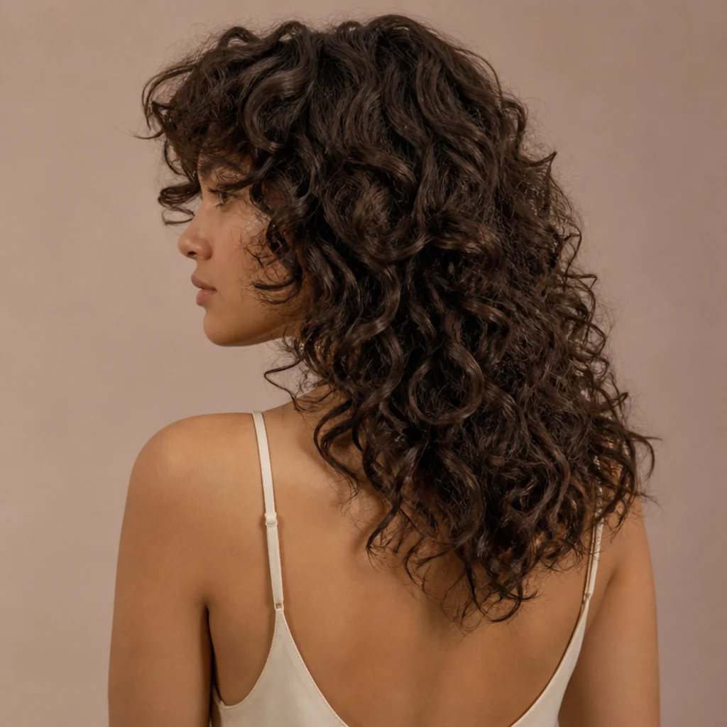 Back three-quarter view of a long curly shag haircut with carefully shaped, uniformly defined springy curl ends and a full layered crown