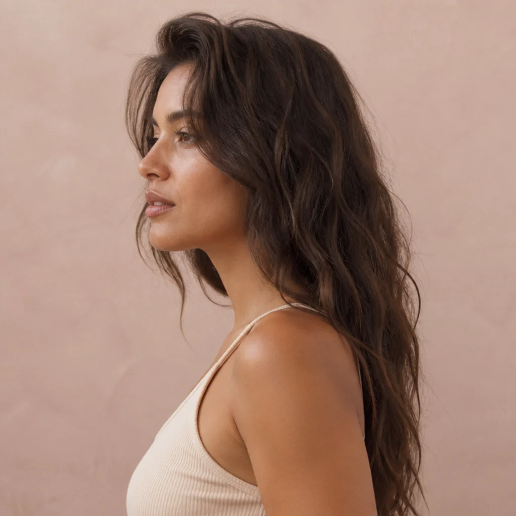 Side view of an effortless air-dried long shag with natural texture, soft undone layers and a lived-in matte finish