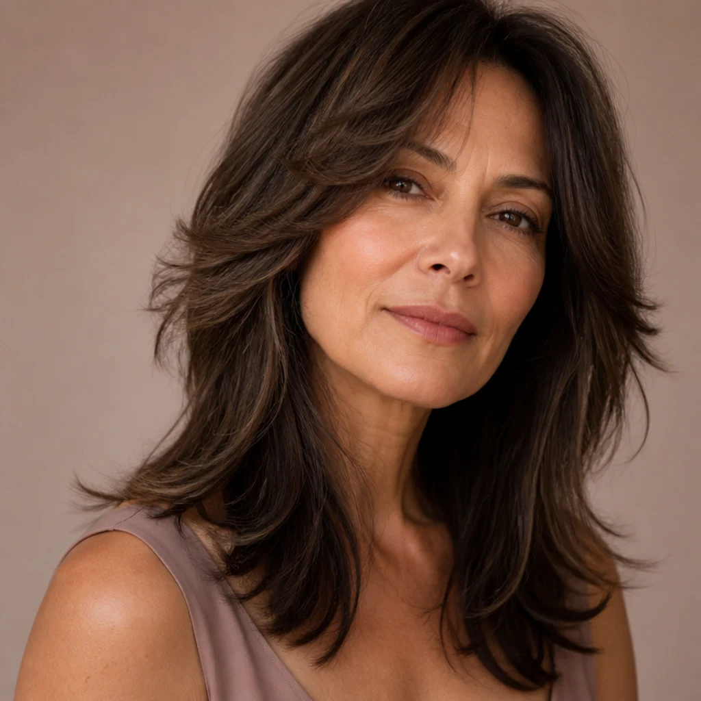 Three-quarter view of a woman with a soft long shag haircut, face-framing layers and a warm brunette color on a taupe studio backdrop