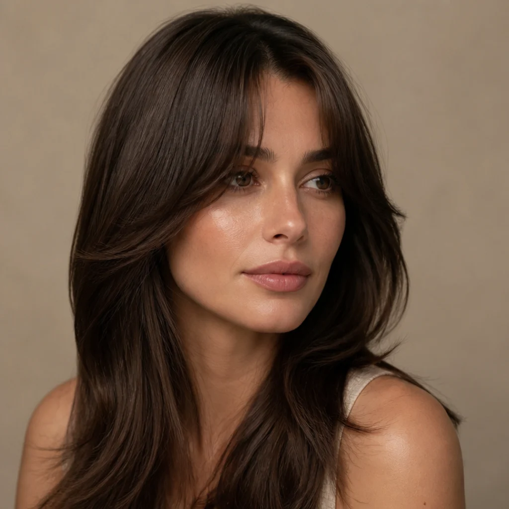 Front three-quarter view of a soft long shag on straight brunette hair with center-parted curtain bangs sweeping toward the cheekbones