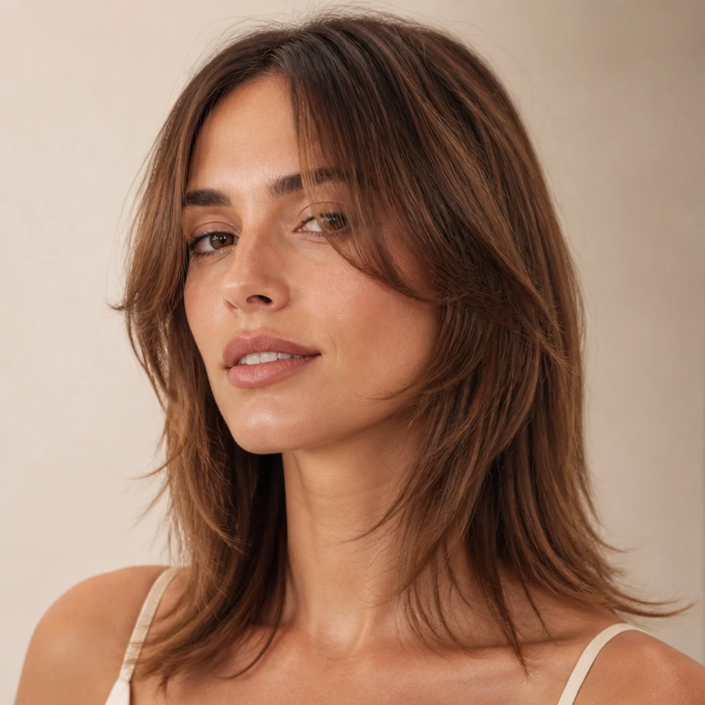 Close three-quarter portrait of a model with wispy face-framing shag layers on straight light-brown hair softening the jawline