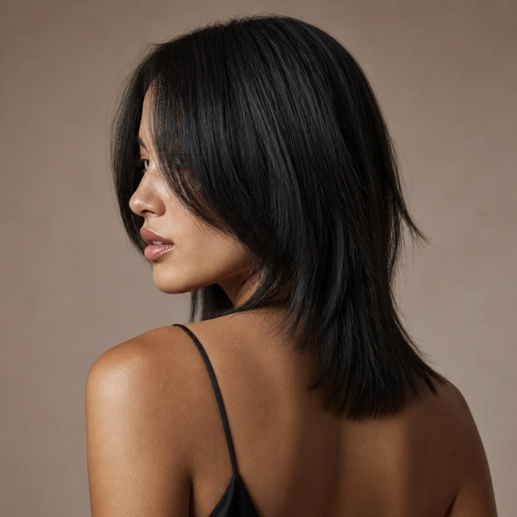 Back-to-side view of glossy black straight hair in a sleek shag with a blunt perimeter and subtle internal layers
