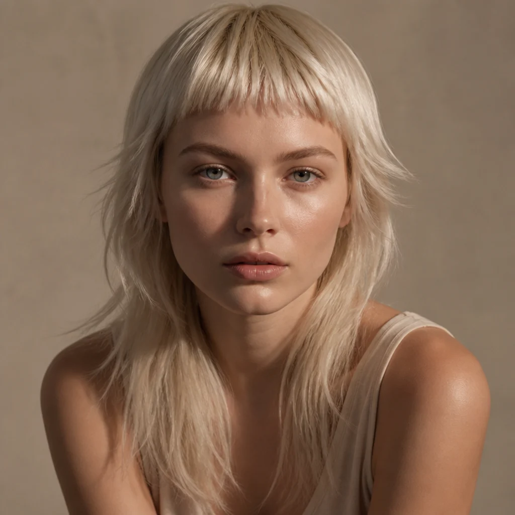 Front view of straight platinum hair in a shag with a short micro fringe sitting high above the brows and soft length below