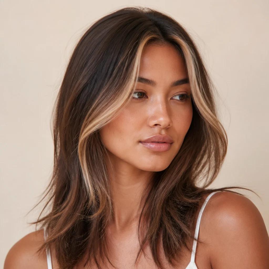 Three-quarter view of a soft long shag on straight brown hair with brightened money-piece highlights framing the face