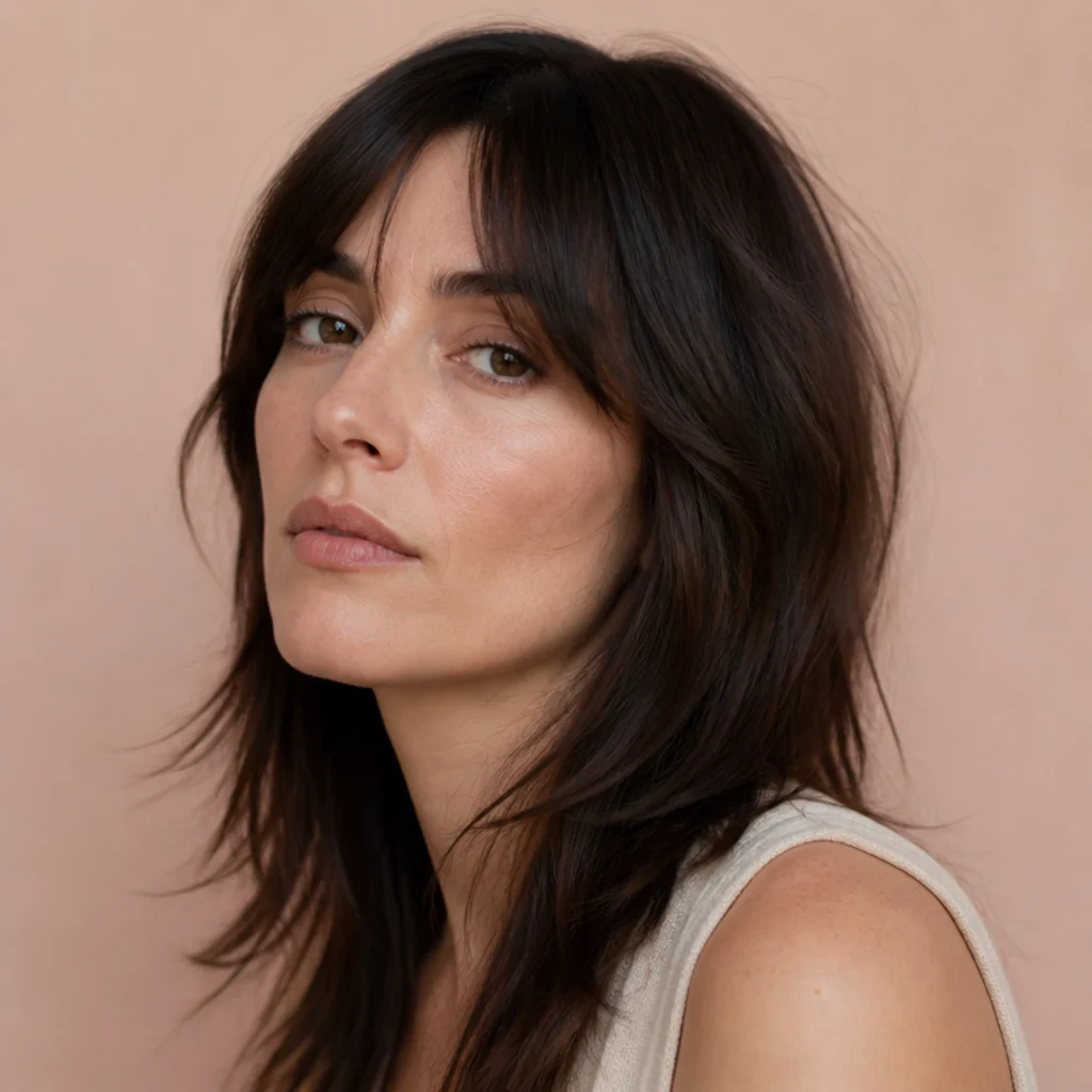 Relaxed three-quarter view of a grown-out low-maintenance shag on straight dark hair with soft, blended layers and natural texture