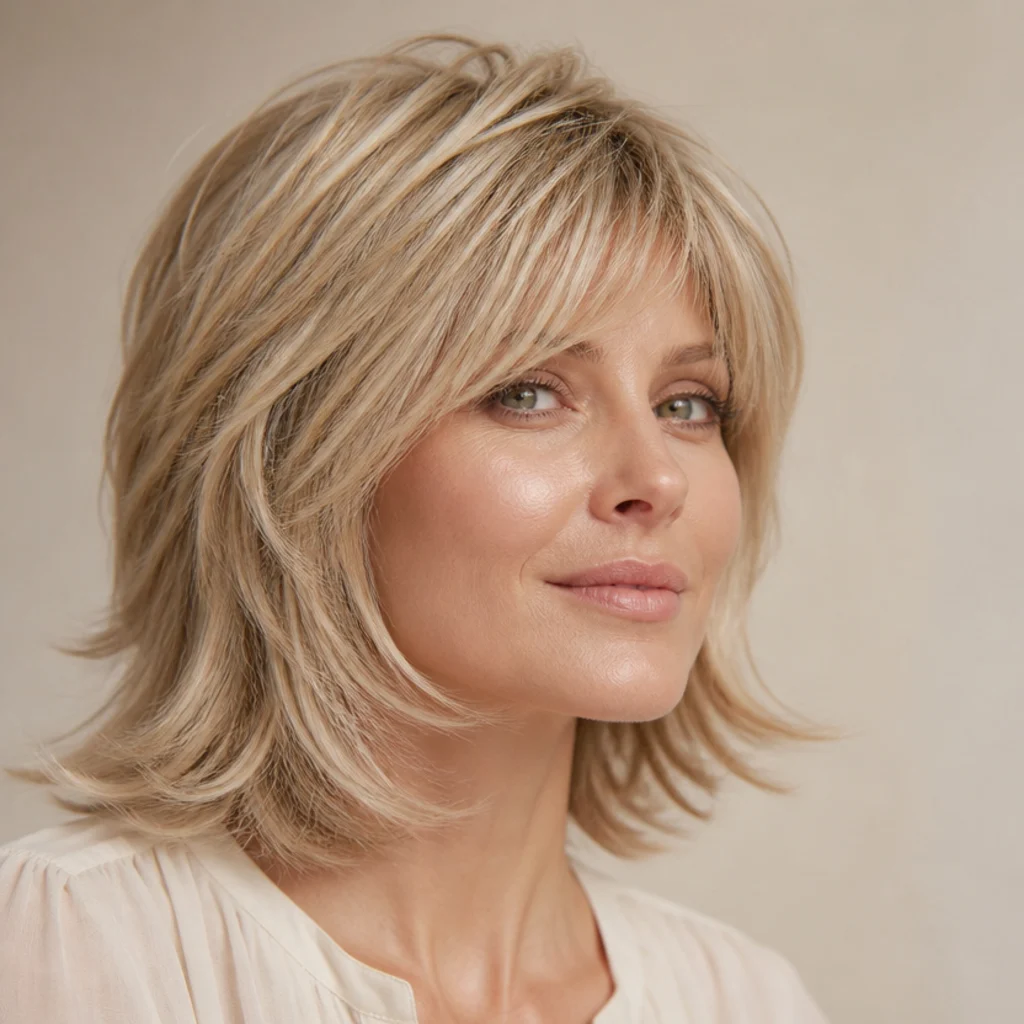 Close three-quarter view of a fine-haired model with a lightly textured shag on straight ash-blonde hair showing soft airy layers
