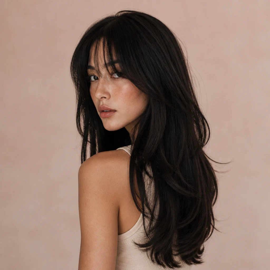 Back-to-side view of thick straight dark hair in a heavy shag with deep layering removing bulk and adding cascading movement
