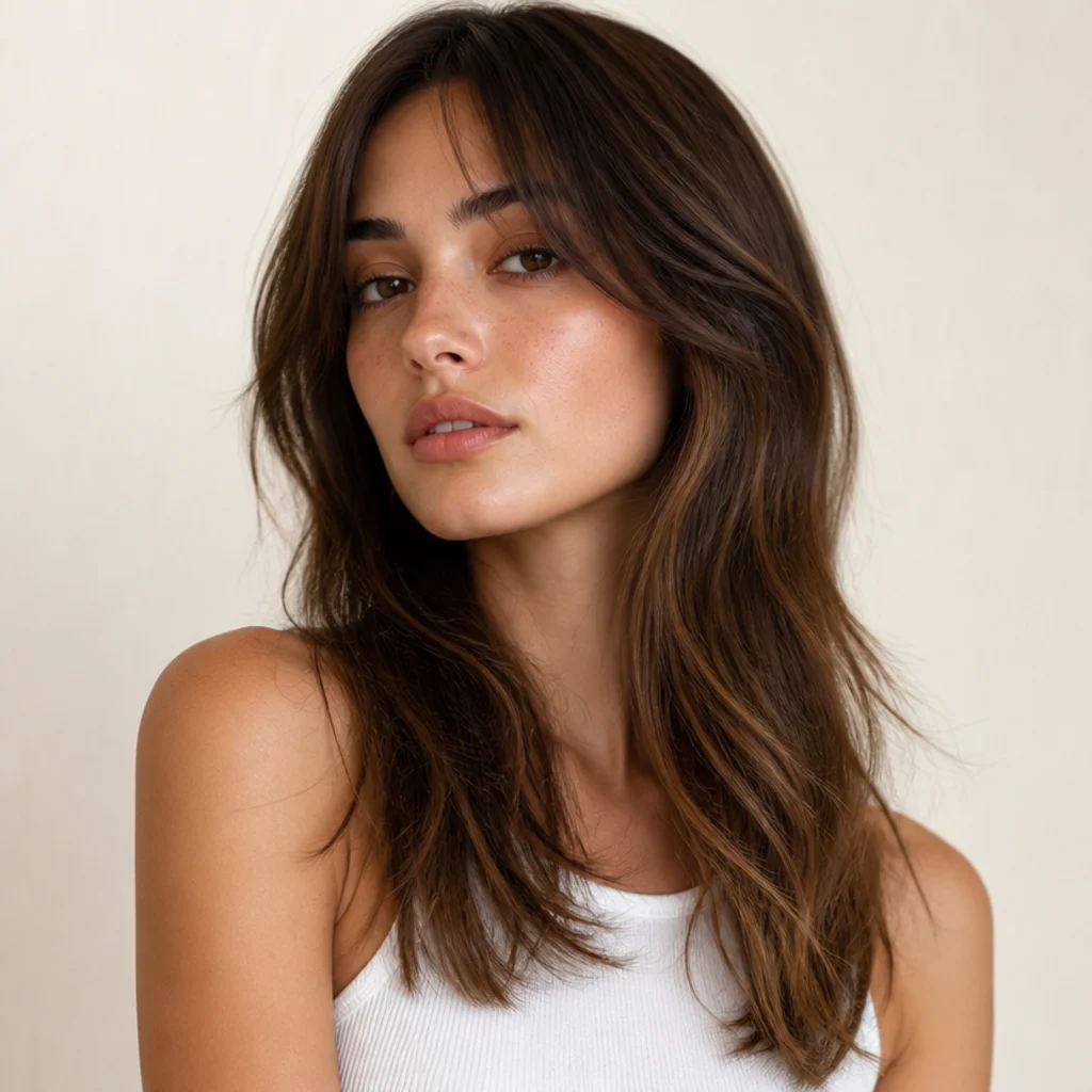 Three-quarter view of straight brown hair styled with a soft faux-wave bend in a long shag, gentle S-curves through the layers