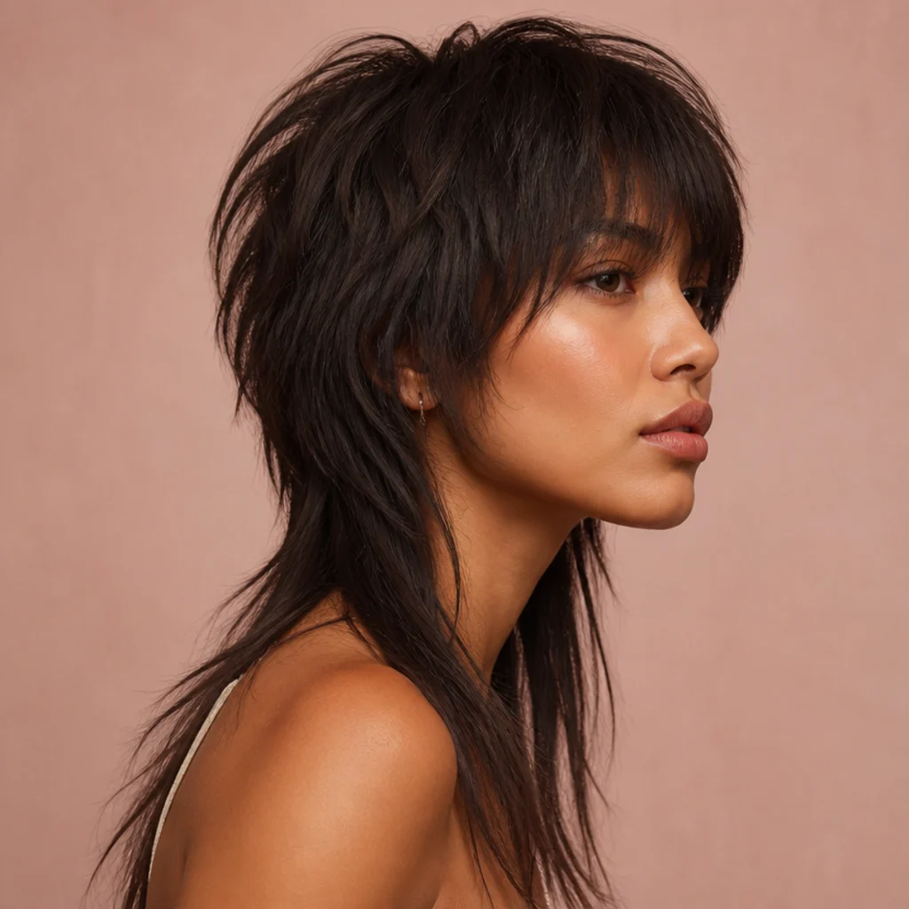 Side view of straight dark-brown hair in a modern wolf-cut shag with a shaggy layered crown blending into longer piecey lengths