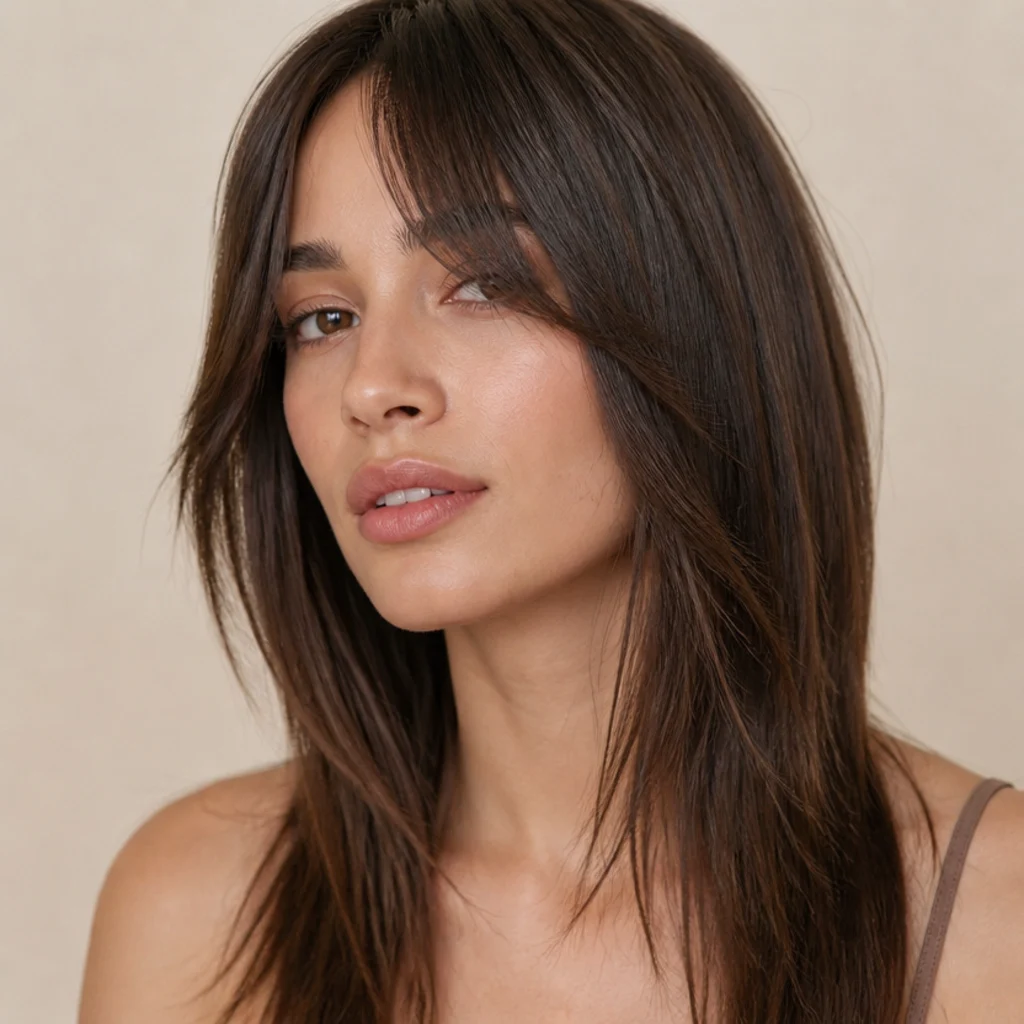 Straight-haired model with a soft long shag, choppy face-framing layers and curtain bangs, three-quarter angle in soft studio light