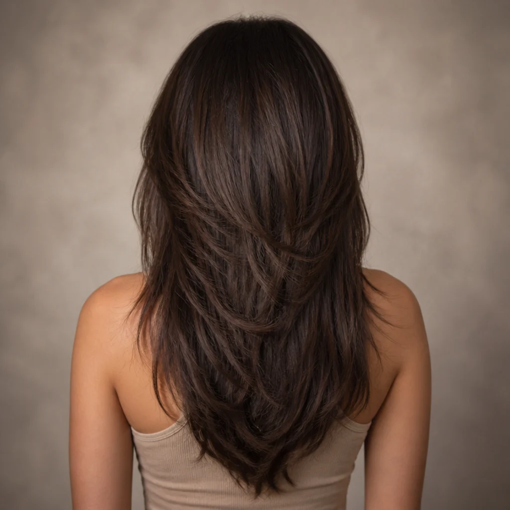 Back view of a long layered shag showing gently stacked crown layers point-cut to blend into longer lengths, medium brown hair on a taupe background