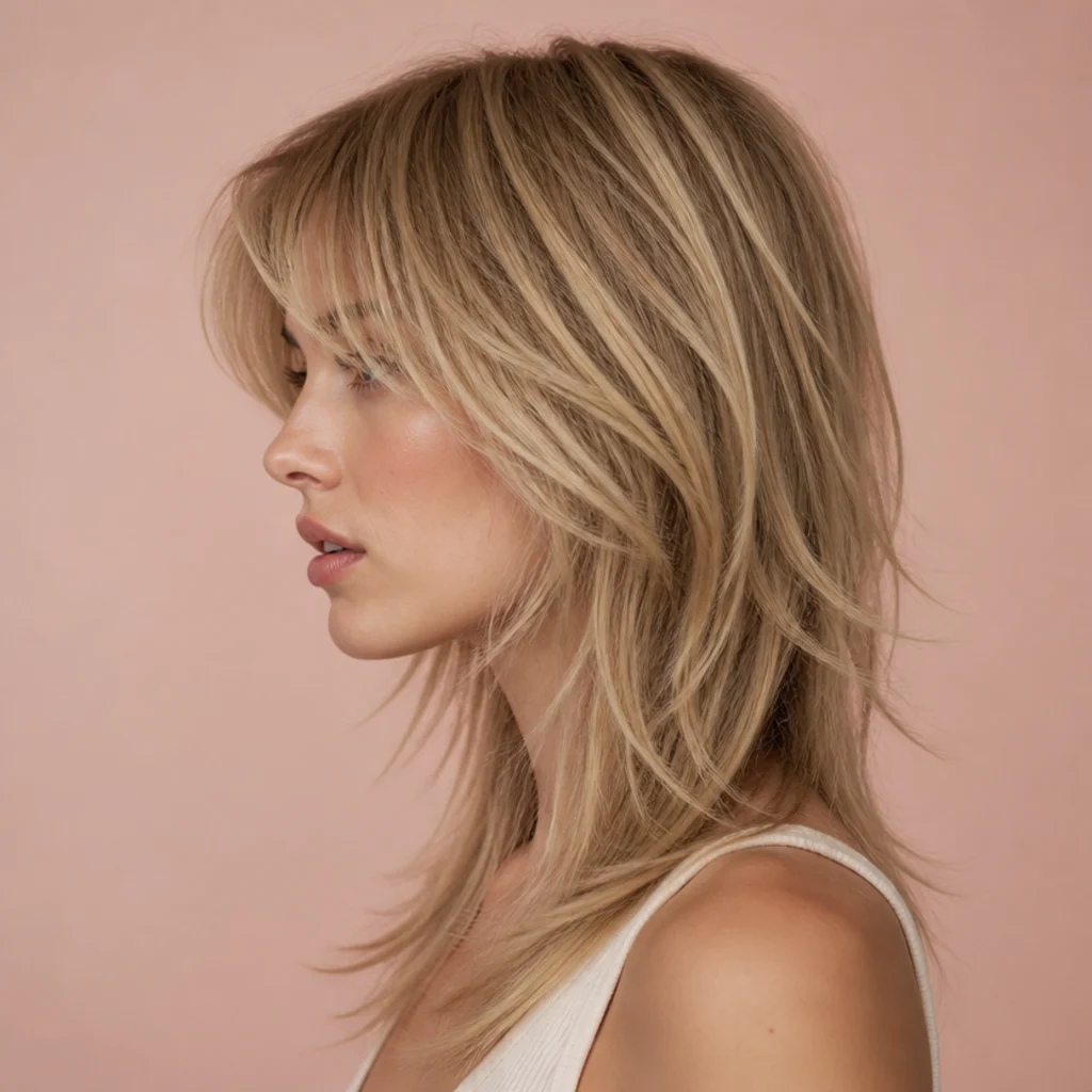 Side profile of a woman with long shag straight hair, feathered point-cut ends and subtle piecey texture, dark blonde on a muted blush background