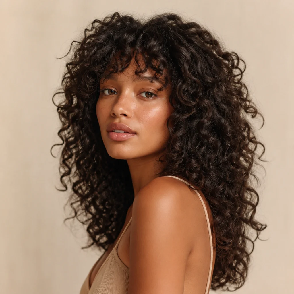 Three-quarter view of a long curly shag haircut with defined coils and layered volume, deep brown hair on a warm ivory background