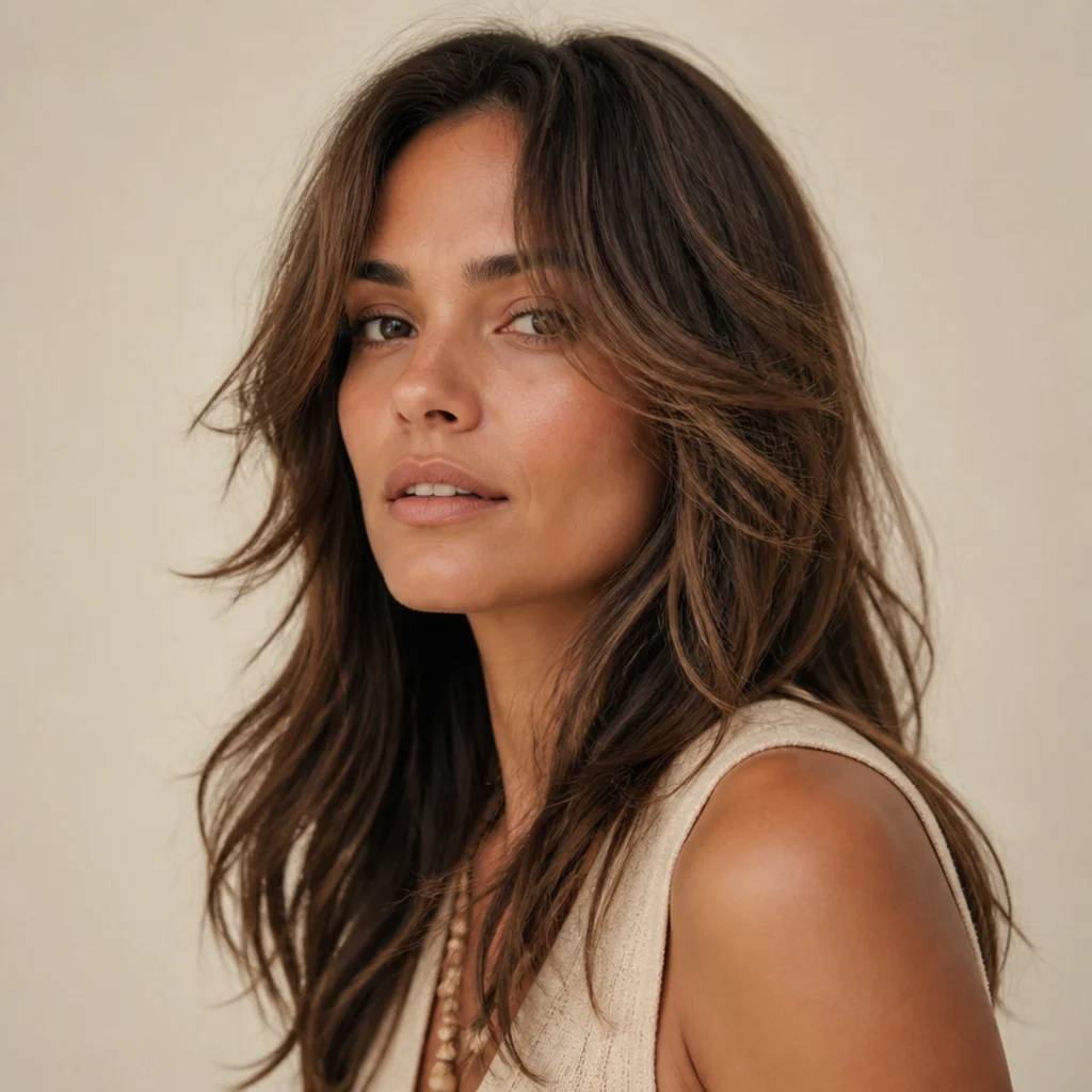 Three-quarter studio portrait of a woman with a soft long shag haircut, chin-framing layers and airy texture on a warm ivory background