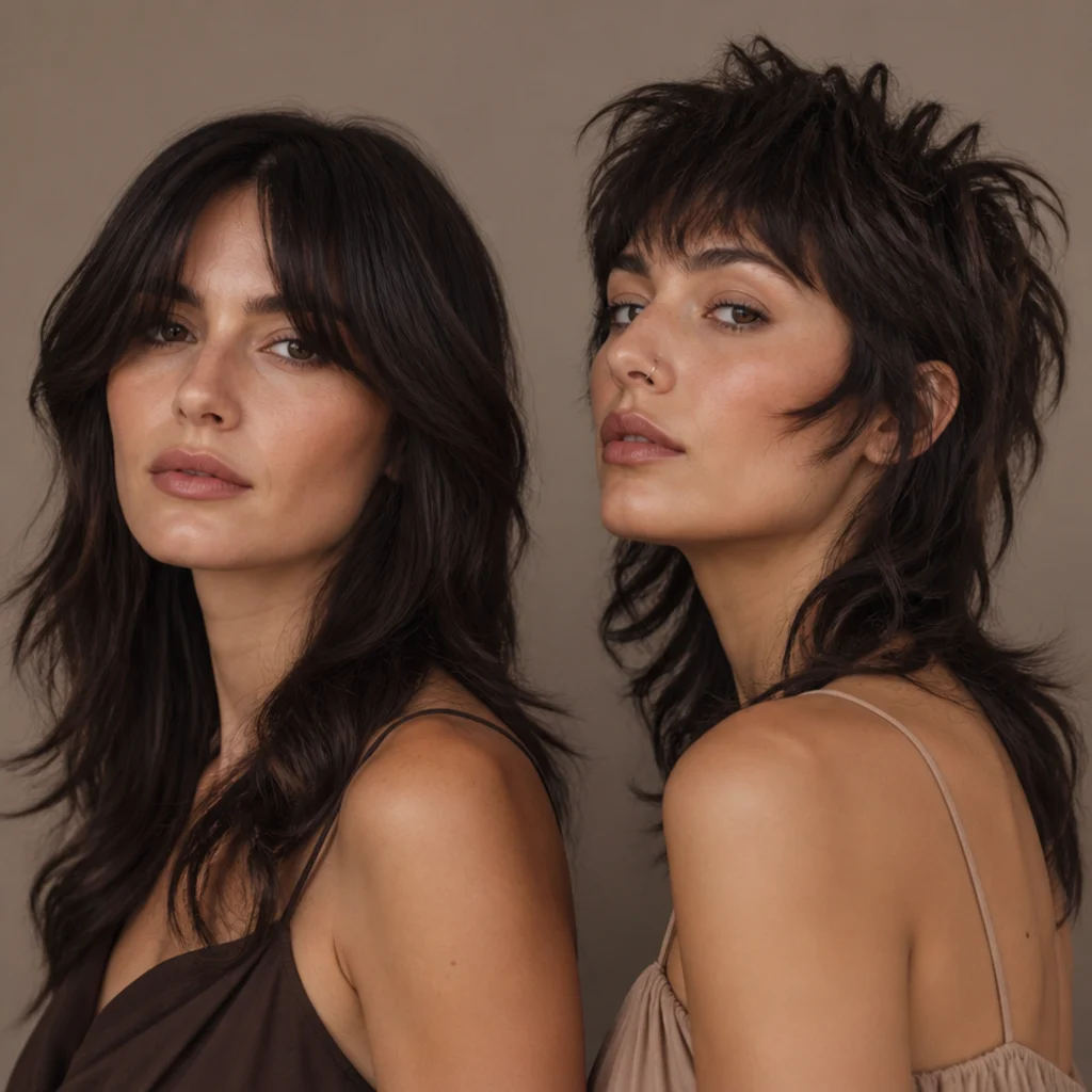 Diagram-style side-by-side of two brunette models showing gently blended shag layering versus high, disconnected wolf-cut layering, three-quarter angle