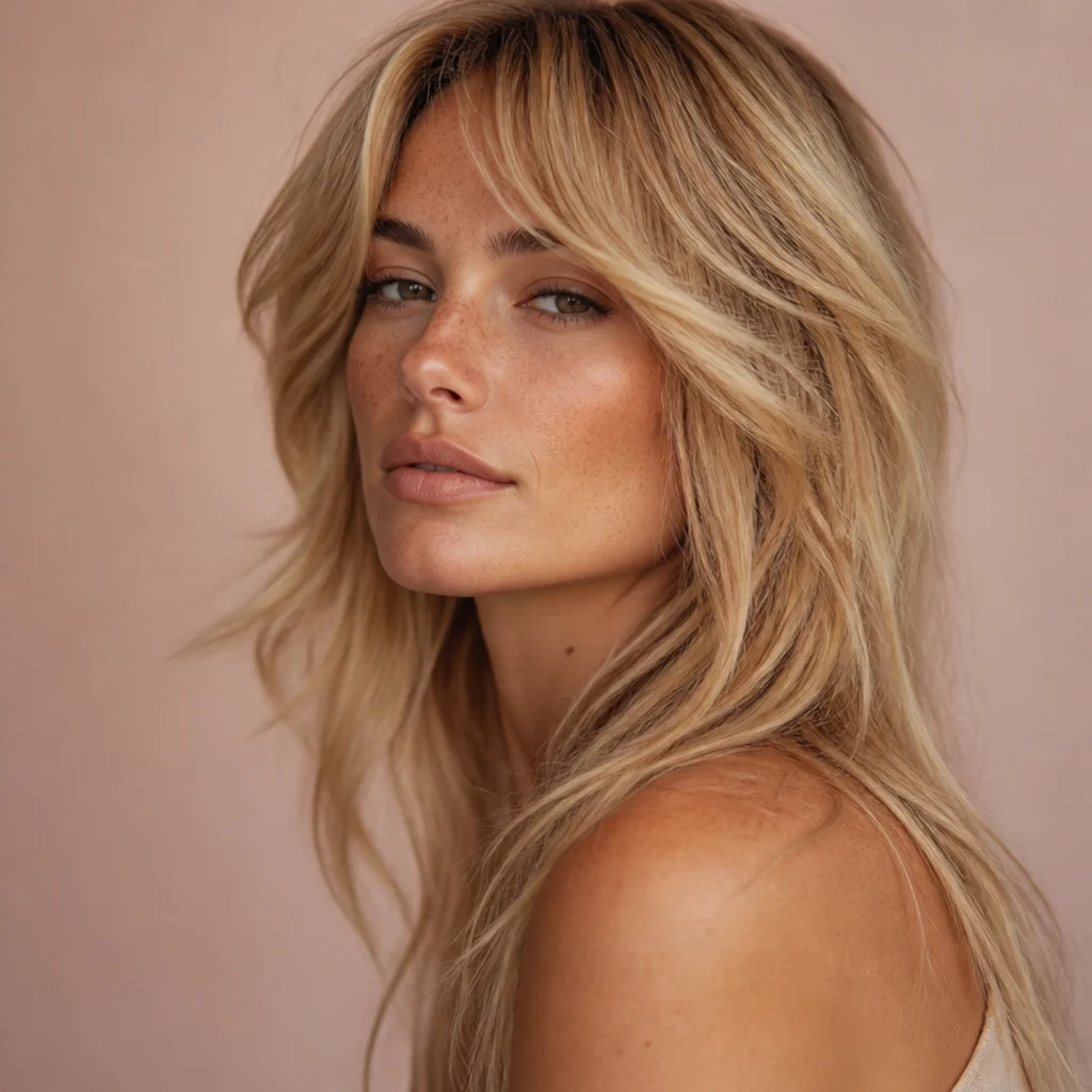 Warm-blonde model with a soft long shag, feathered face-framing layers and airy point-cut ends, side angle in diffused studio light