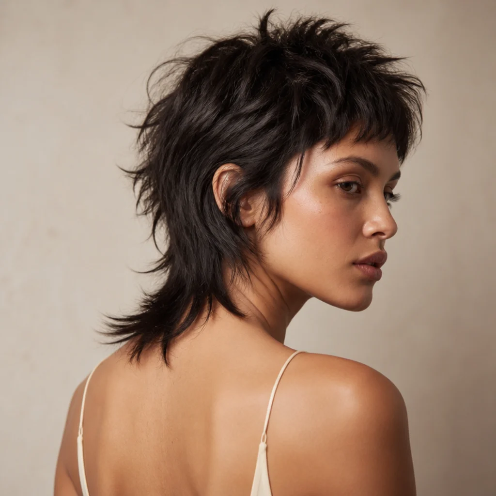 Dark-haired model with a textured wolf cut, spiky lifted crown layers and wispy nape, three-quarter back angle showing the disconnection