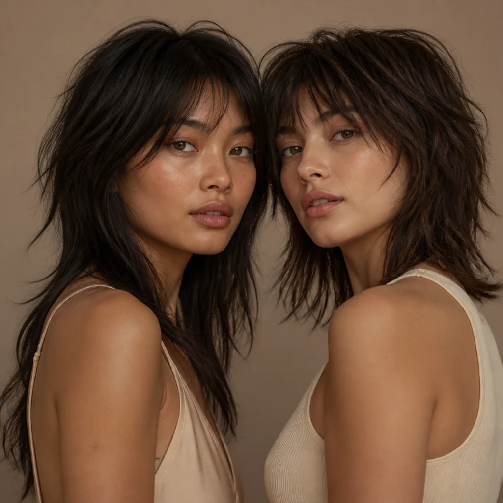 Side-by-side of two models, one with soft long shag choppy layers holding mid-length density and one with heavier razored wolf-cut chop, editorial lighting