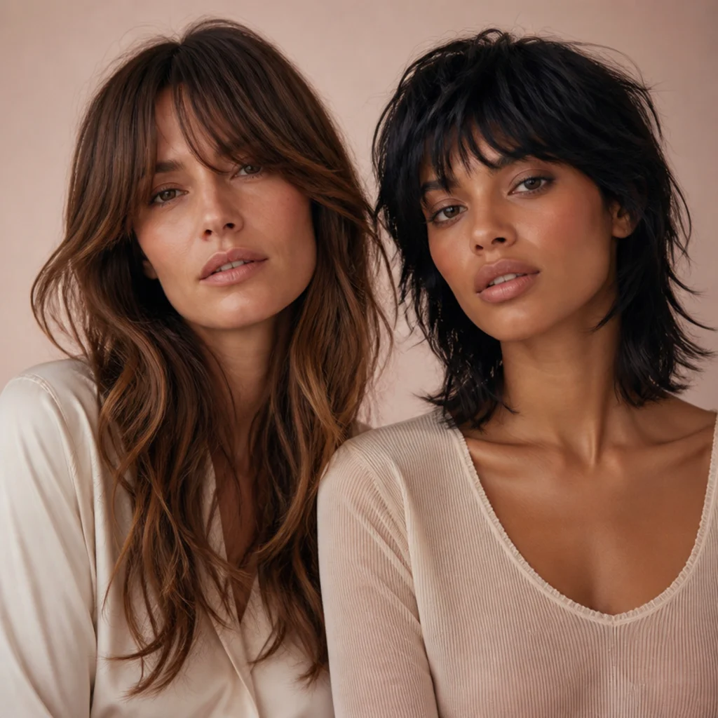 Model with soft long shag and long curtain bangs beside a model with wolf cut and shorter shaggy fringe, front three-quarter angle