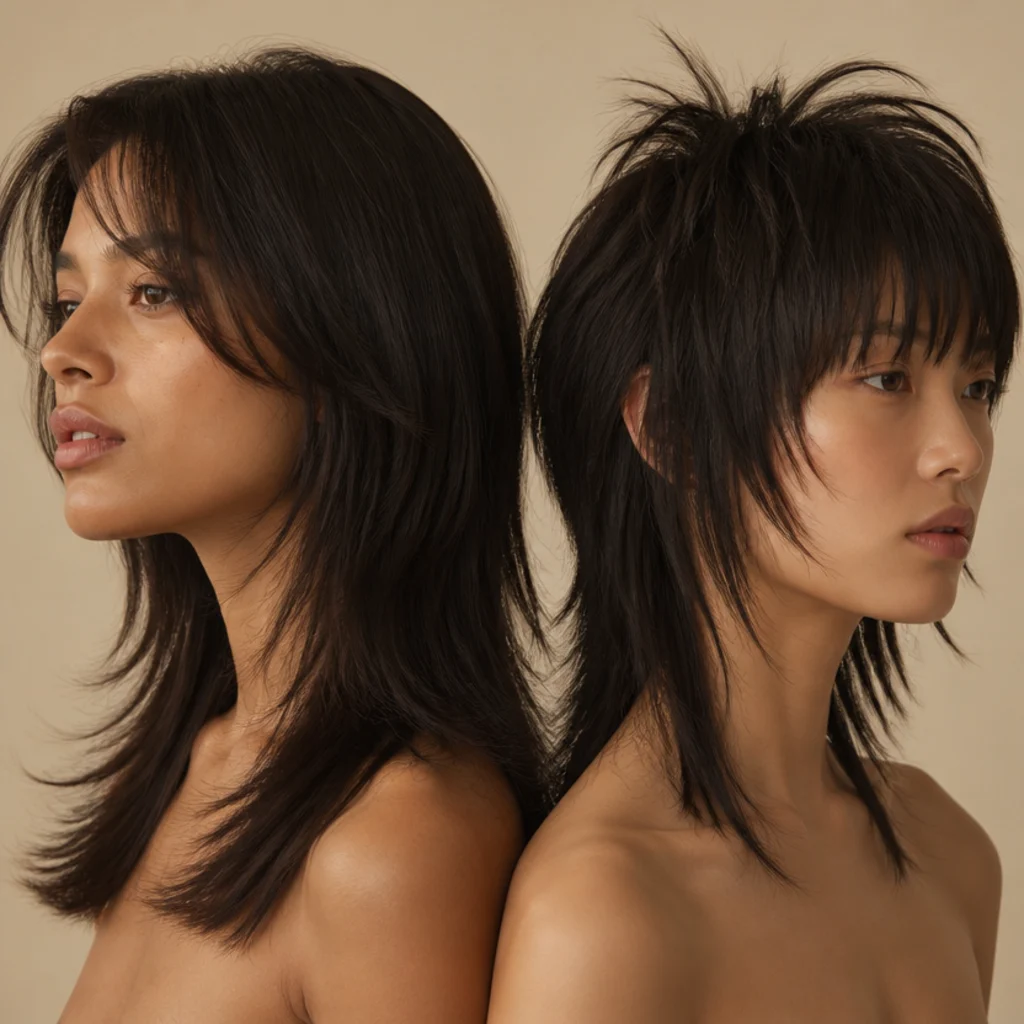 Sleek straight-haired model with a long shag showing feathered airy ends beside a straight wolf cut with a lifted spiky crown, side angle