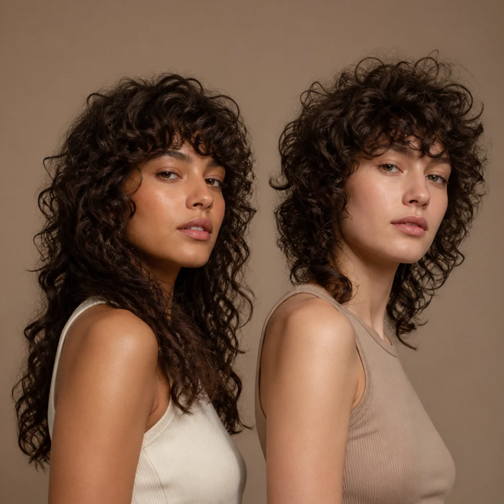 Model with a long curly shag haircut showing defined springy stacked layers beside a curly wolf cut with a rounded lifted crown, three-quarter angle
