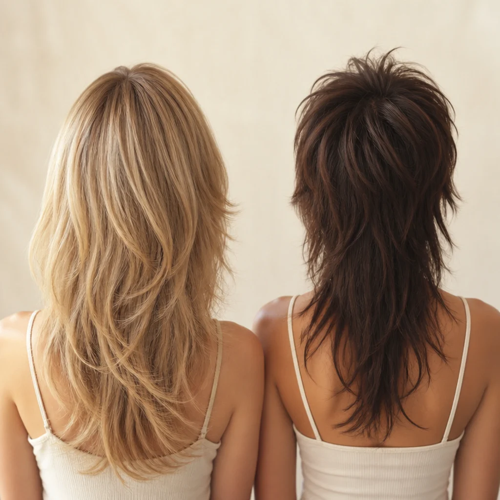 Back-angle comparison of soft long shag with smooth even crown volume and wolf cut with lifted spiky crown, diffused studio light
