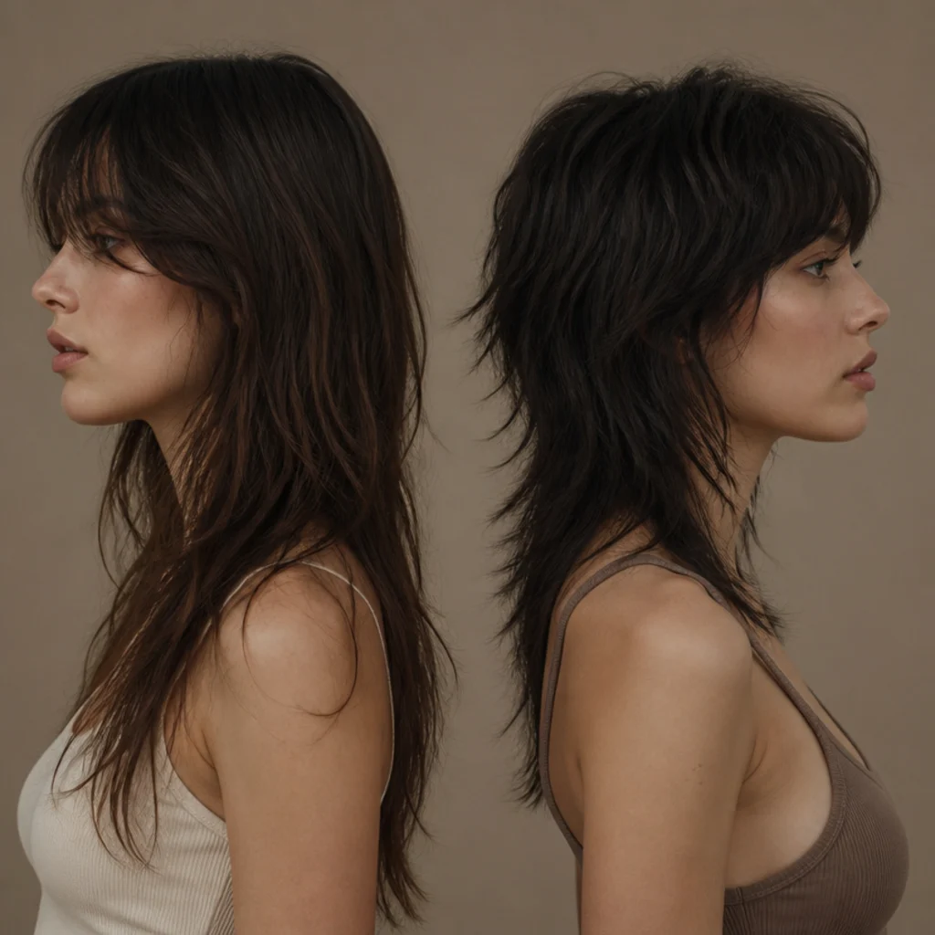 Two long-haired models compared, soft long shag keeping fuller preserved length versus wolf cut with shorter layered crown, side profile