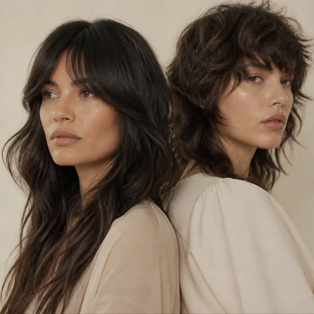 Thick-haired model with a soft long shag with bulk removed beside a wolf cut with a heavy textured crown, editorial side angle