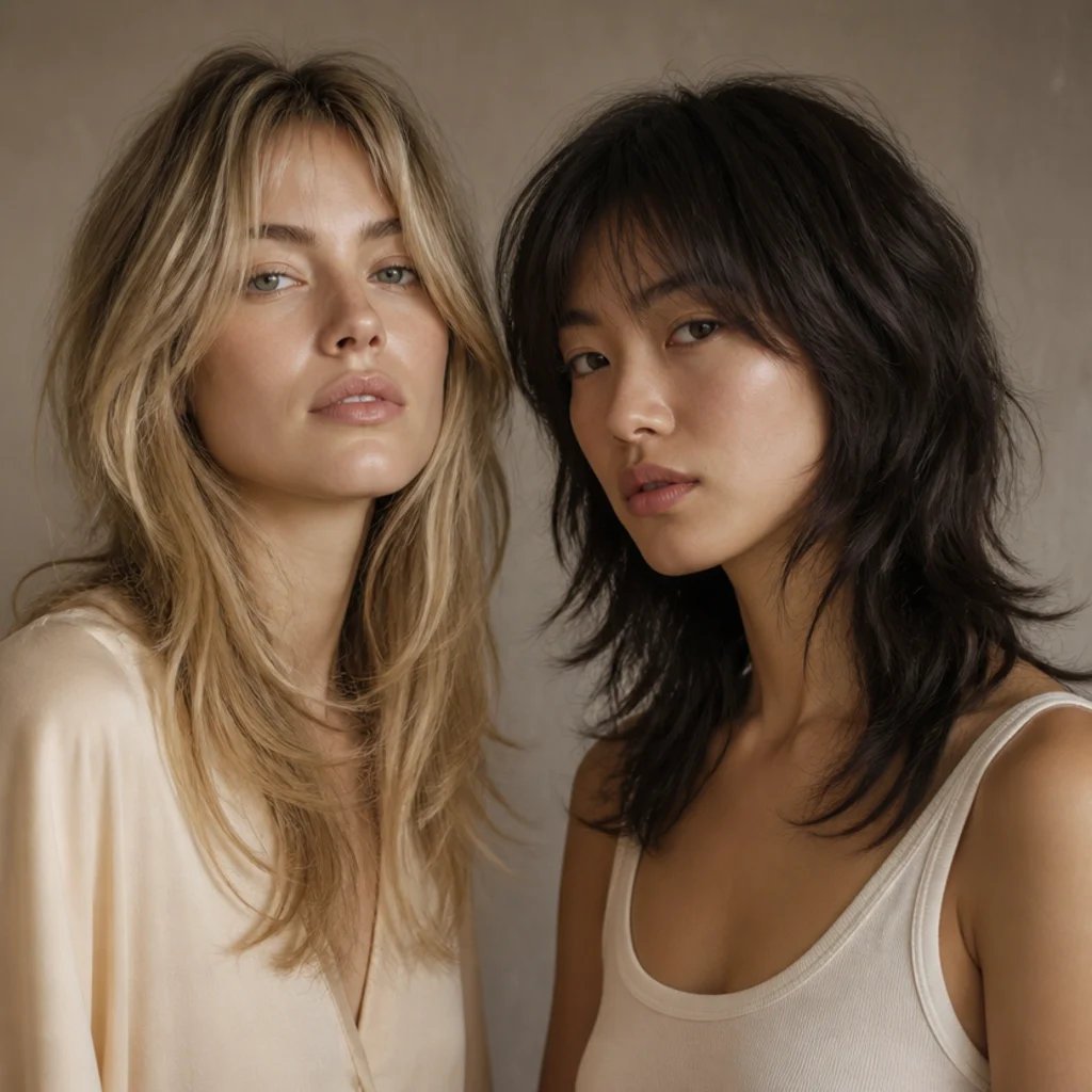 Comparison of a grown-out soft long shag looking seamless beside a grown-out wolf cut needing reshaping, natural studio light