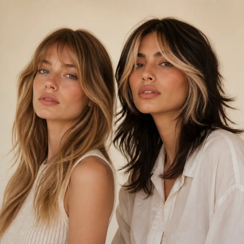 Model with soft long shag in warm blended balayage beside a wolf cut with contrasting money-piece highlights, three-quarter angle