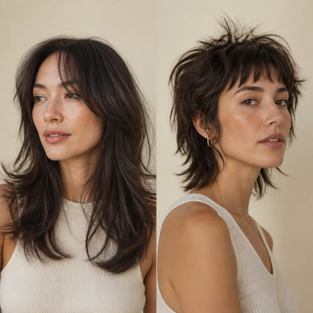 Split editorial portrait comparing a soft long shag with airy layers on one side and a choppy wolf cut on the other, three-quarter angle