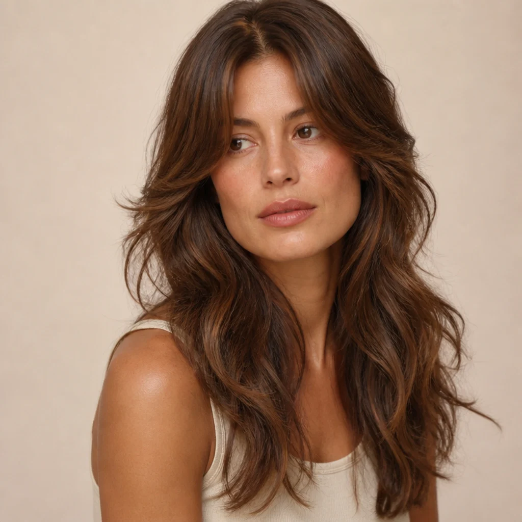 Woman with a classic long shag with curtain bangs parted in the center, soft chestnut waves and connected face-framing layers, three-quarter studio angle