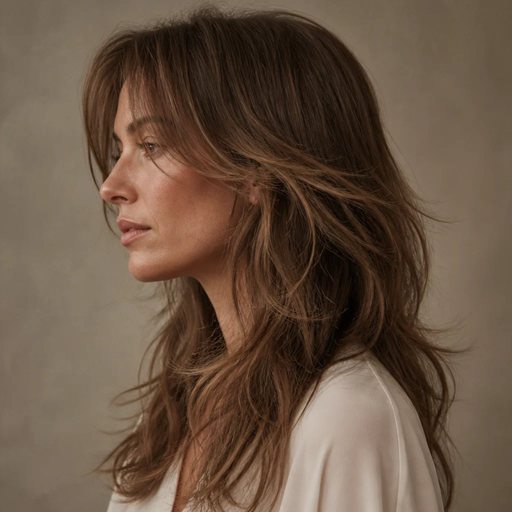 Fine-haired woman with a soft layered long shag, subtle waves and airy crown-lifted face-framing pieces in light brunette, side profile