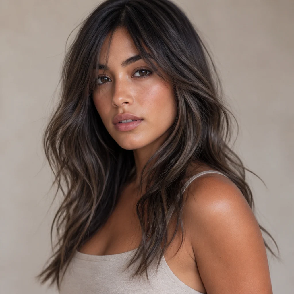 Woman with a cool ash brunette long wavy shag, smoky low-lit dimension and soft waves, taupe background, three-quarter portrait