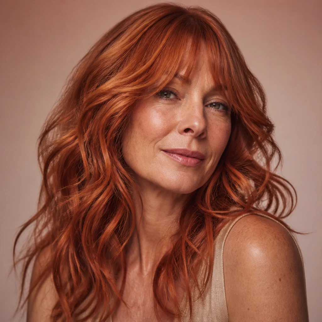 Woman with a vivid copper long wavy shag, glossy saturated waves and face-framing layers, warm blush background, three-quarter angle