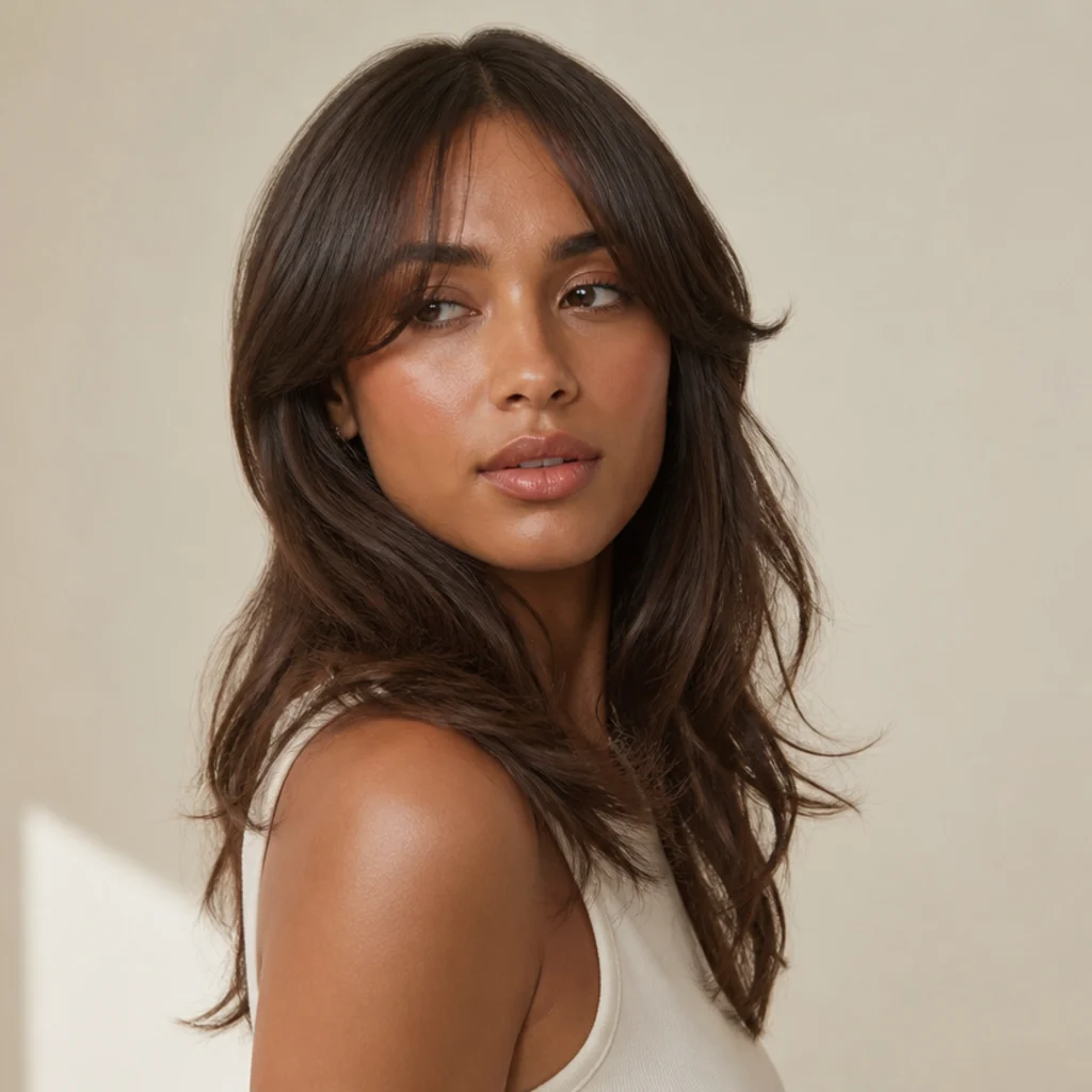 Woman with straight-to-wavy long shag and curtain bangs, gentle bend through the lengths in soft brown, side-facing three-quarter view