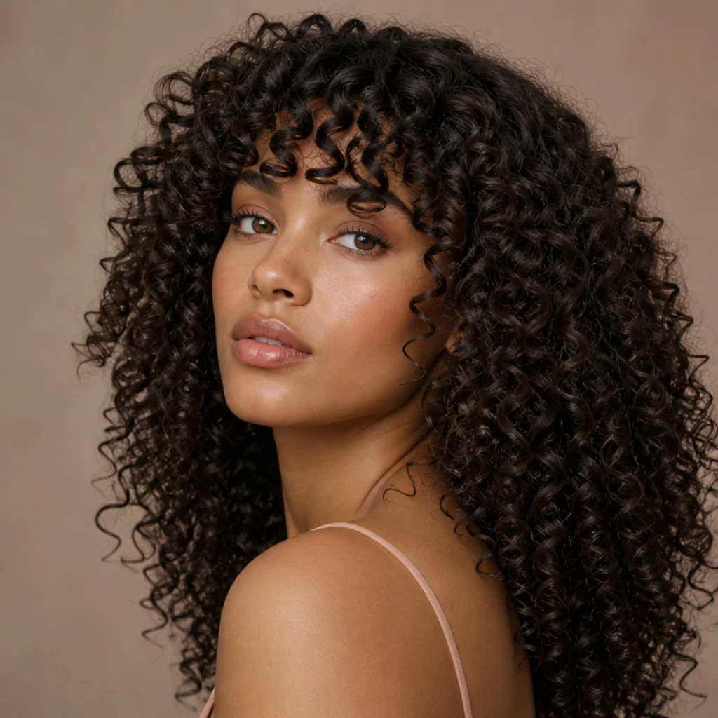 Woman with natural curls shaped into a long wavy shag, defined springy ringlets and curtain fringe in deep brunette, three-quarter angle