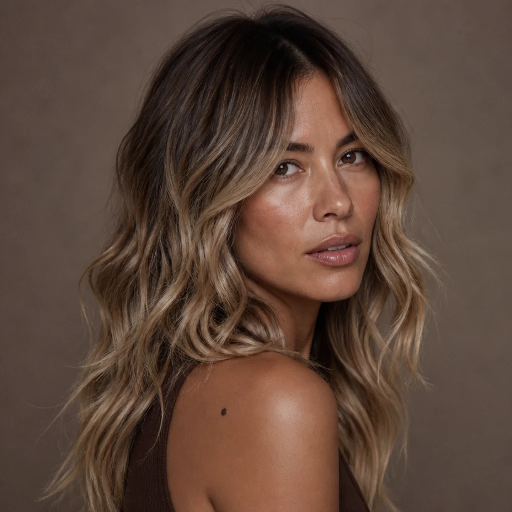 Woman with a hand-painted balayage long wavy shag, soft blonde mid-lengths melting over brunette roots, warm taupe background, three-quarter view