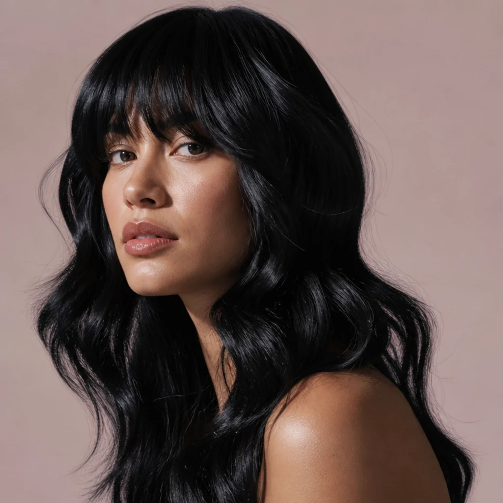 Woman with glossy jet black long wavy shag, high-shine sculptural waves and blunt curtain fringe, muted blush background, three-quarter angle