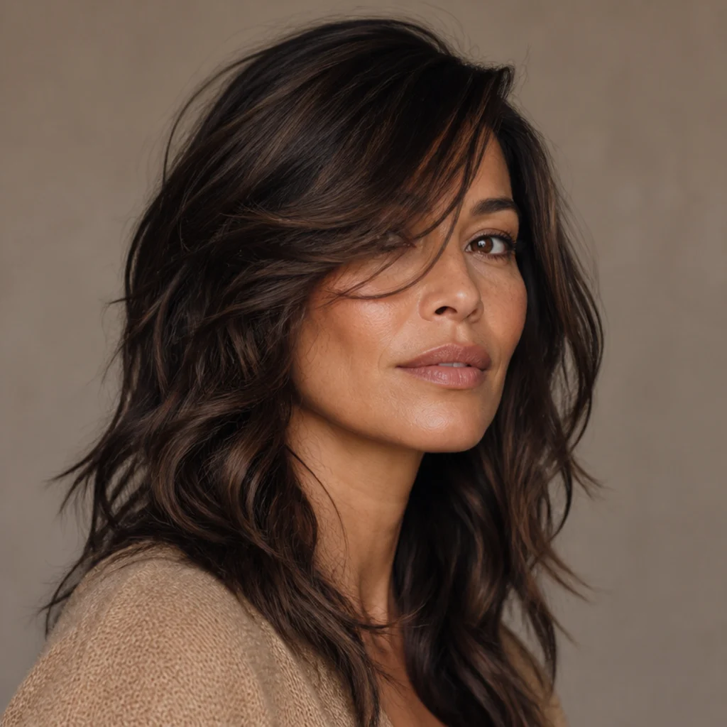 Woman with a long wavy shag and sweeping side bangs, asymmetric fringe grazing one cheekbone in warm brunette, three-quarter side view