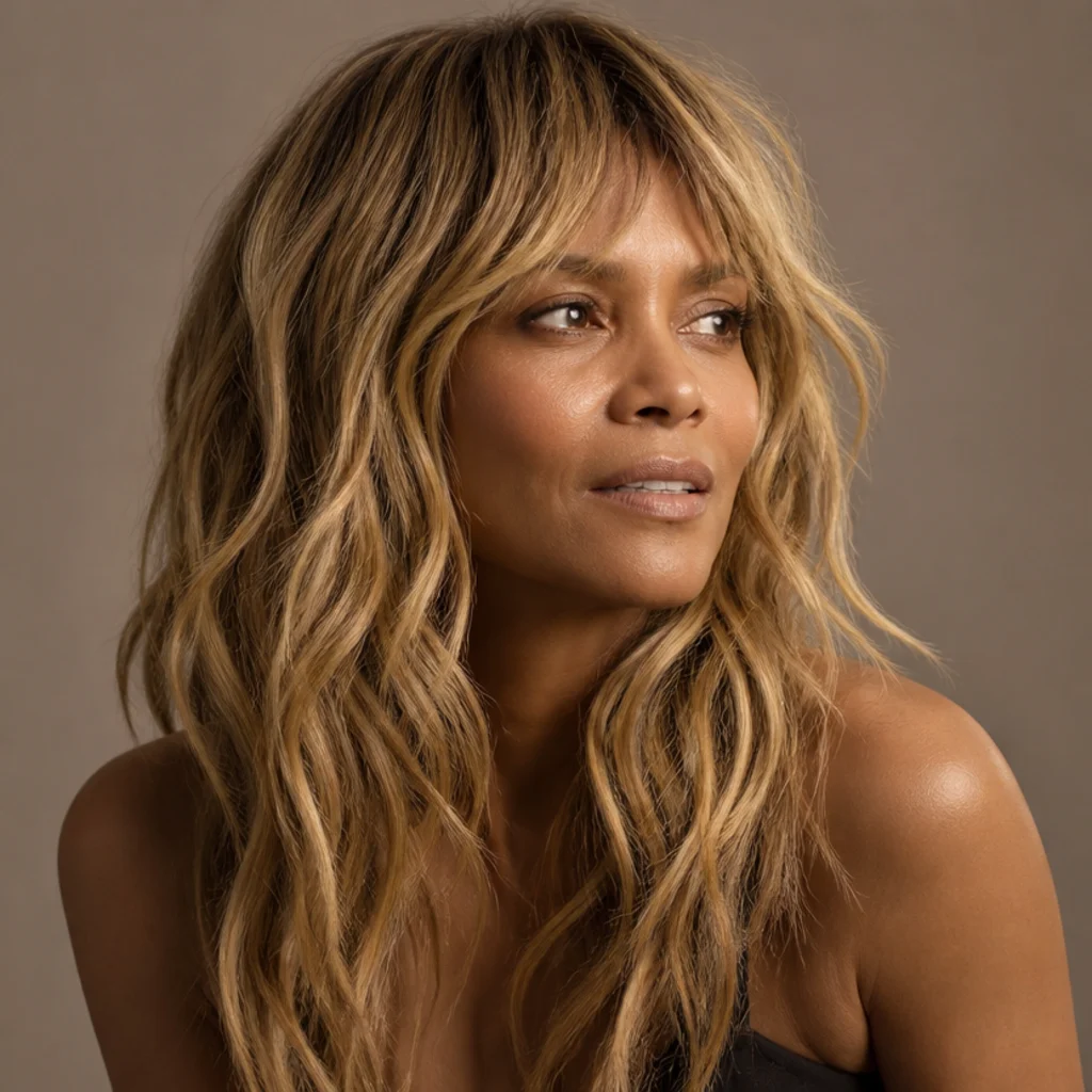 Woman with a warm honey blonde long wavy shag, textured piece-y waves and soft fringe, taupe background, three-quarter angle