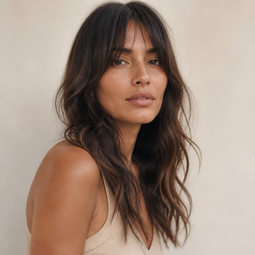 Woman with a low-maintenance grown-out long wavy shag, soft undefined relaxed layers and natural color, warm ivory background, three-quarter view