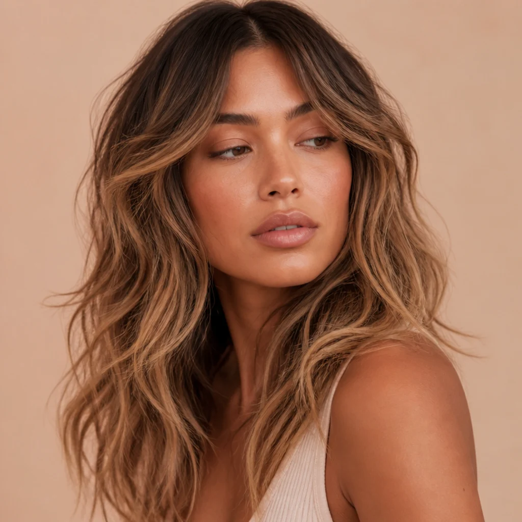 Woman with a rooty bronde long wavy shag, shadowed roots melting into soft bronde lengths, warm blush backdrop, three-quarter portrait