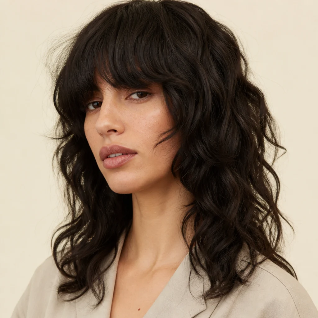 Woman with coarse-textured long wavy shag, thick defined waves and substantial fringe in dark brown, warm ivory background, three-quarter angle