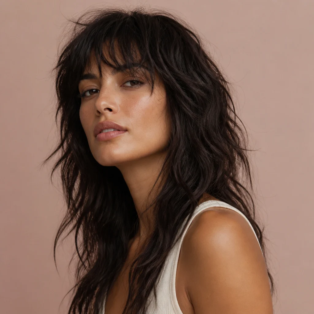 Woman with a choppy rock-and-roll long wavy shag, shattered uneven layers and piece-y texture in dark brunette, muted blush background, three-quarter portrait