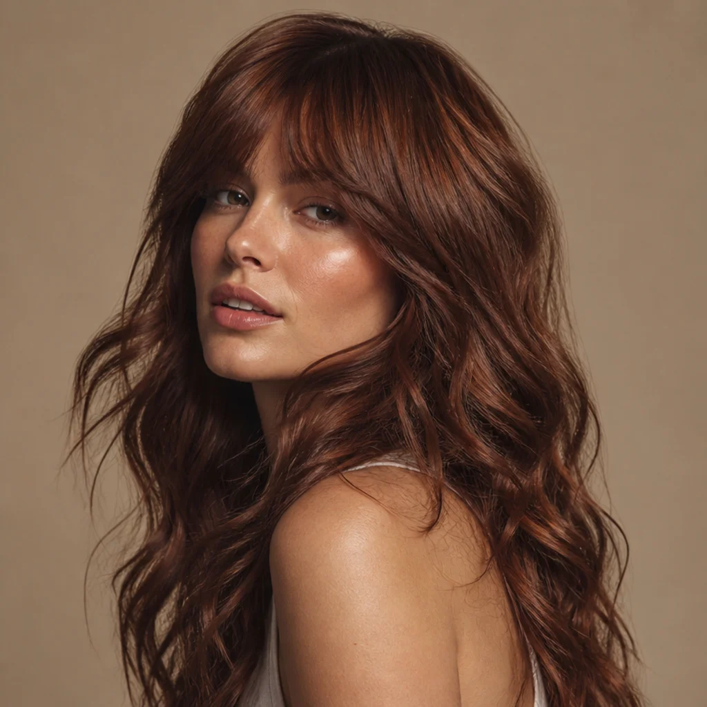 Woman with a rich auburn long wavy shag, red-brown glossy waves and curtain bangs, warm taupe background, three-quarter view