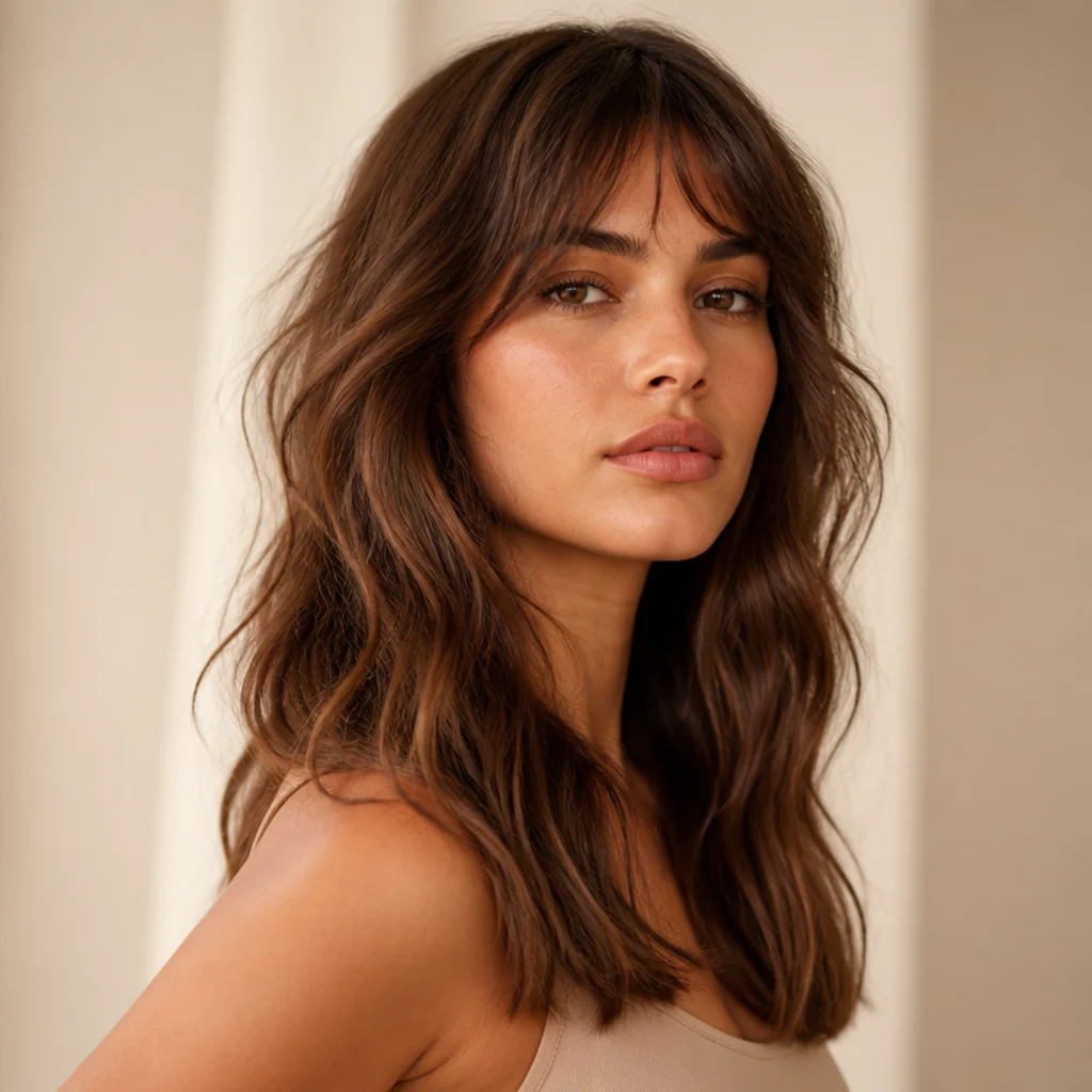 Woman with a long wavy shag featuring blunt dense ends, layered interior and strong perimeter in soft brown, warm ivory background, three-quarter angle
